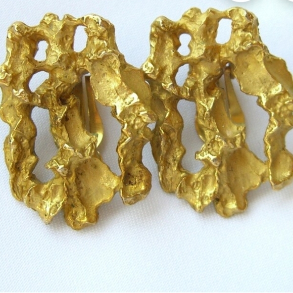 Vintage Smithsonian Earrings, Gold Nugget Replica, Museum Brutalist Style - Picture 2 of 5